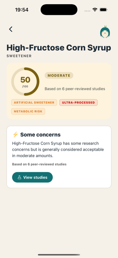 Individual ingredient detail with studies