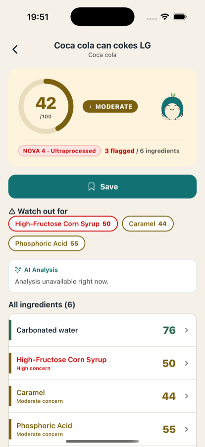 Libby scan result showing ingredient scores for Coca Cola